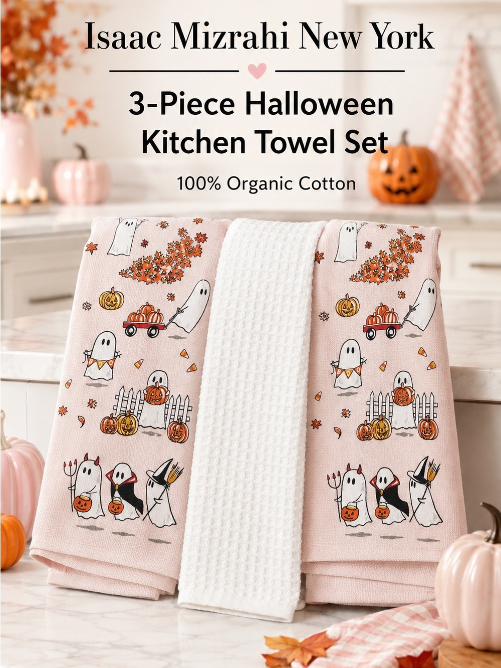 Isaac Mizrahi Pink Halloween Ghost & Pumpkin 3-Piece Kitchen Towel Set